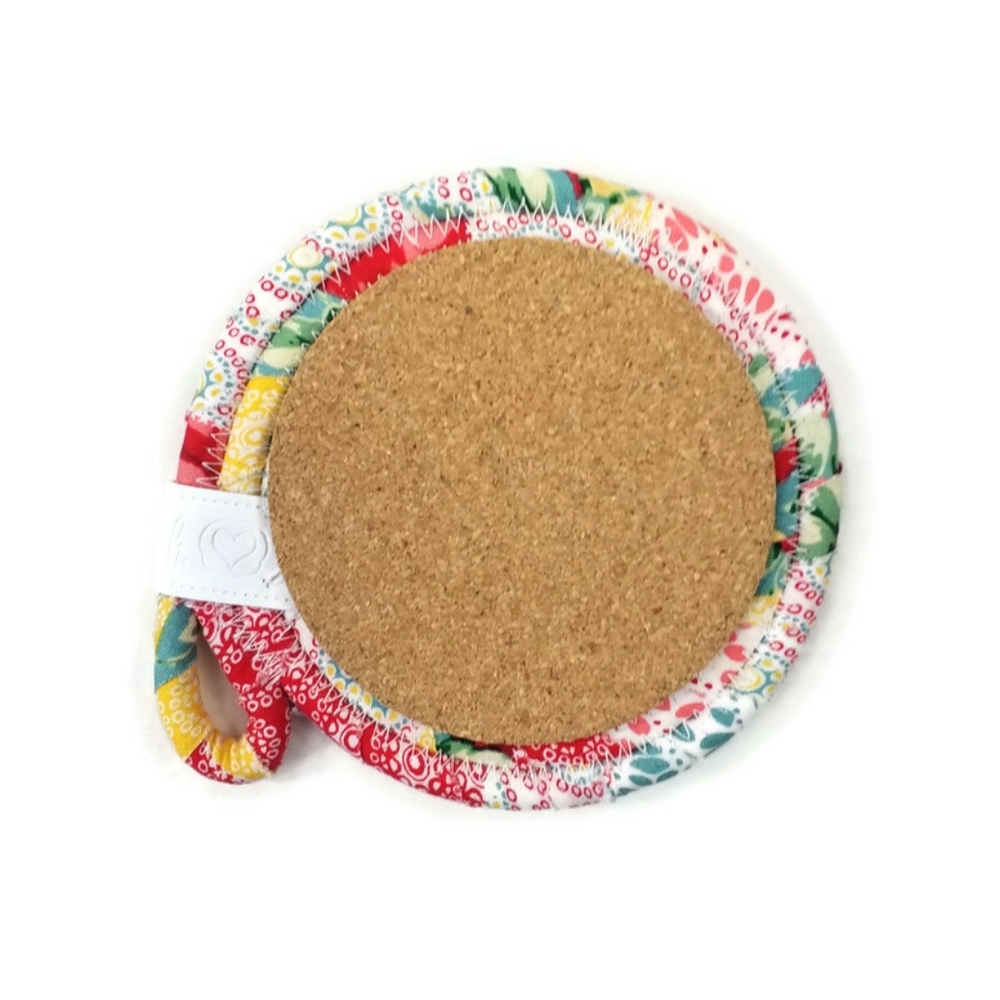 Hand Crafted Multicolor Patchwork Fabric Wrapped Rope Coaster Set 4 Pieces - Picture 5 of 9